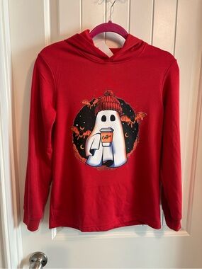 Red Kids Hoodie Top with Ghost & Coffee Graphic